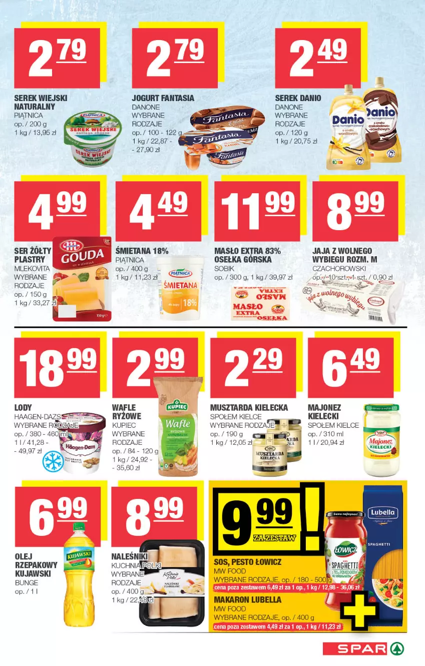 Gazetka promocyjna Spar - Spar - ważna 30.06 do 10.07.2024 - strona 3 - produkty: Bell, Bella, Danio, Danone, Fa, Fanta, Jabłka, Jaja, Jogurt, Kuchnia, Kujawski, Kupiec, Lody, Lubella, Majonez, Makaron, Masło, Mleko, Mlekovita, Mus, Musztarda, Naleśniki, Olej, Pesto, Piątnica, Piec, Ryż, Ser, Serek, Serek wiejski, Wafle