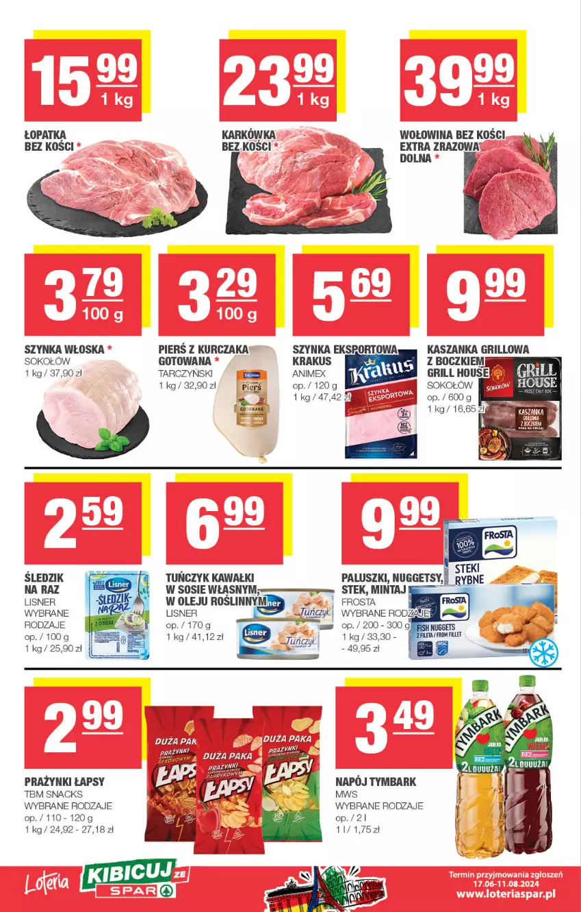 Gazetka promocyjna Spar - Spar - ważna 30.06 do 10.07.2024 - strona 4 - produkty: Frosta, Grill, Kasza, Kaszanka, Kawa, Krakus, Kurczak, Lisner, Mintaj, Napój, Olej, Sok, Sokołów, Sos, Stek, Szynka, Tarczyński, Tuńczyk, Tymbark, Wołowina, Wołowina bez kości