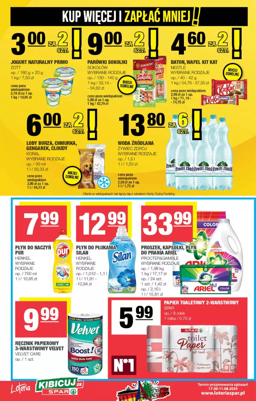 Gazetka promocyjna Spar - Spar - ważna 30.06 do 10.07.2024 - strona 6 - produkty: Ariel, Baton, Jogurt, Jogurt naturalny, Kit Kat, LANA, Lody, Mus, Papier, Płyn do płukania, Pur, Ręcznik, Silan, Sok, Sokołów, Velvet, Woda, Zott