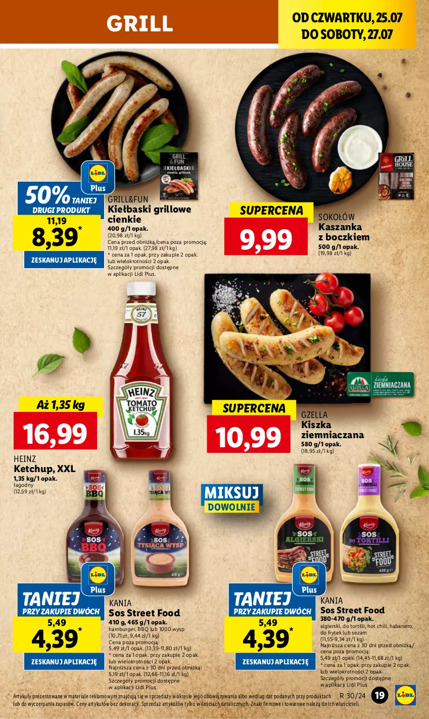 Gazetka promocyjna Lidl - GAZETKA - ważna 25.07 do 27.07.2024 - strona 21 - produkty: Burger, Grill, Hamburger, Heinz, Kasza, Kaszanka, Ketchup, LG, Sezam, Sok, Sokołów, Sos