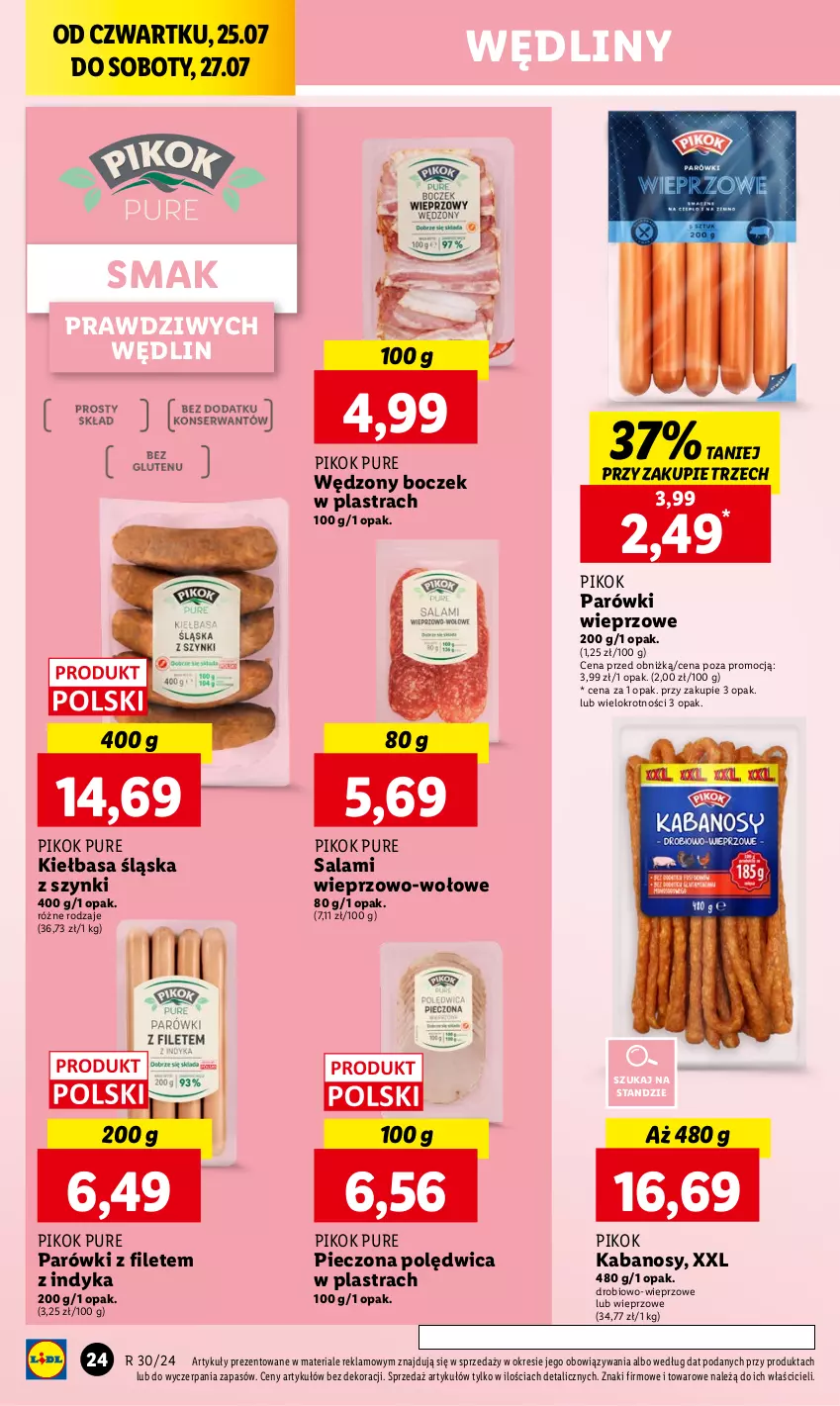 Gazetka promocyjna Lidl - GAZETKA - ważna 25.07 do 27.07.2024 - strona 26 - produkty: Boczek, Kabanos, Kiełbasa, Kiełbasa śląska, Parówki, Piec, PIKOK, Polędwica, Pur, Salami