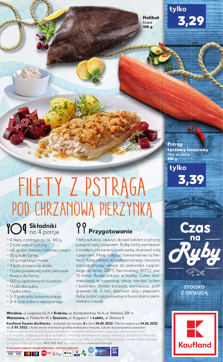 Gazetka promocyjna Kaufland - RYBY - ważna 24.02 do 02.03.2022 - strona 2 - produkty: Bulion, Buraczki, Buraki, Chrzan, Cukier, Cytryny, Fa, Halibut, Lazur, Lion, Orka, Piec, Piekarnik, Pieprz, Por, Pstrąg, Pstrąg tęczowy, Sok, Sól, Sos, Tusz, Wagi