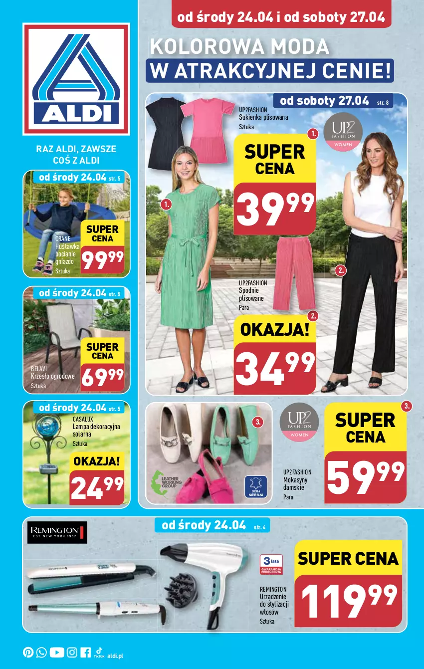 Gazetka promocyjna Aldi - Artykuły przemysłowe i tekstylia - ważna 24.04 do 27.04.2024 - strona 1 - produkty: Fa, Huśtawka, Krzesło, Krzesło ogrodowe, Lampa, Moda, Mokasyny, Remington, Spodnie, Sukienka