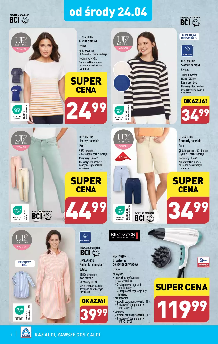 Gazetka promocyjna Aldi - Artykuły przemysłowe i tekstylia - ważna 24.04 do 27.04.2024 - strona 4 - produkty: Bermudy, Fa, K2, Kosz, Lokówka, Moda, Remington, Sukienka, Suszarka, Sweter, T-shirt, Top, Wełna