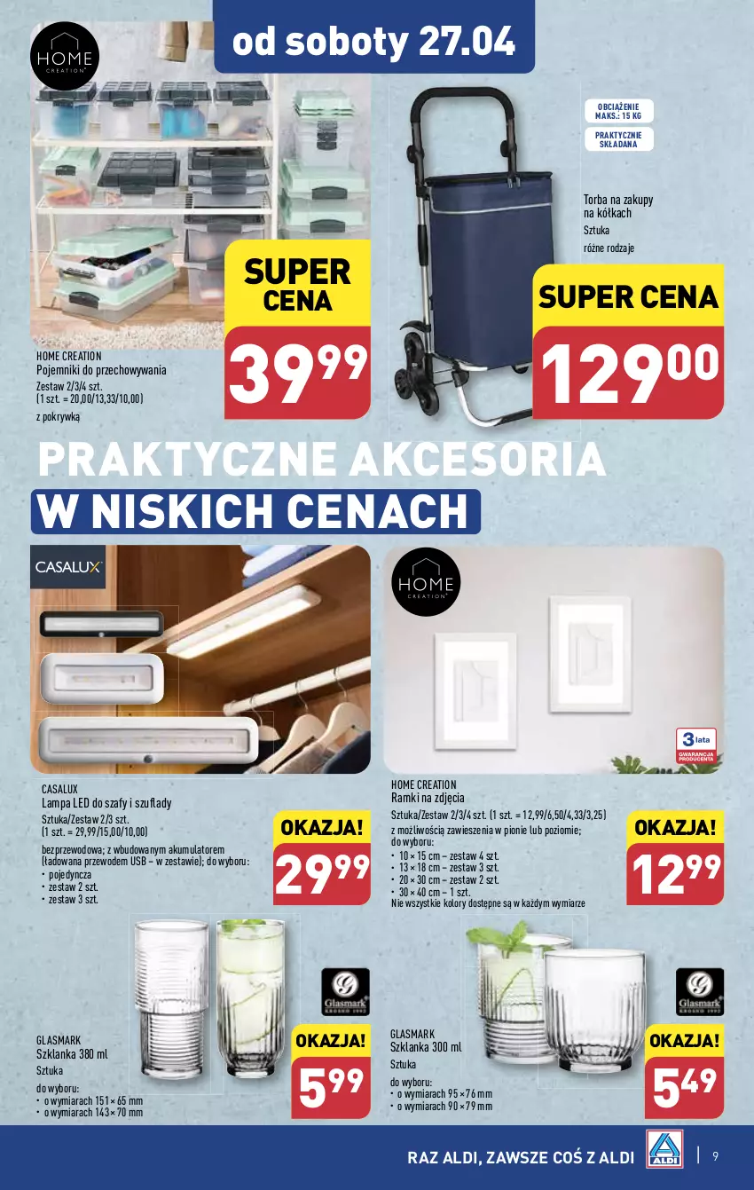 Gazetka promocyjna Aldi - Artykuły przemysłowe i tekstylia - ważna 24.04 do 27.04.2024 - strona 9 - produkty: Akumulator, Lampa, Lampa LED, Pojemnik, Szklanka, Torba, Torba na zakupy