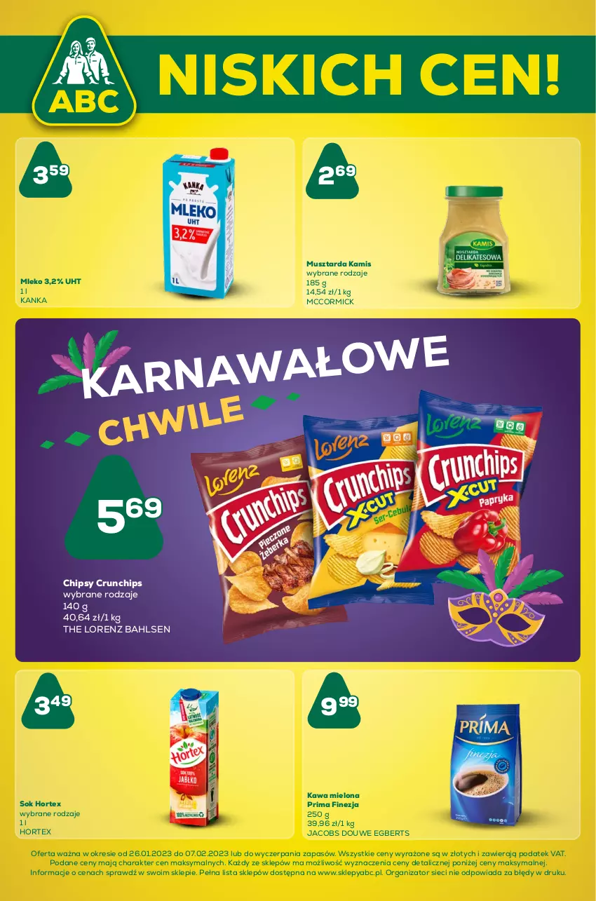 Gazetka promocyjna ABC - Gazetka - ważna 25.01 do 07.02.2023 - strona 1 - produkty: Chipsy, Crunchips, Hortex, Jacobs, Kamis, Kawa, Kawa mielona, Lorenz, Mleko, Mus, Musztarda, Prima, Sok