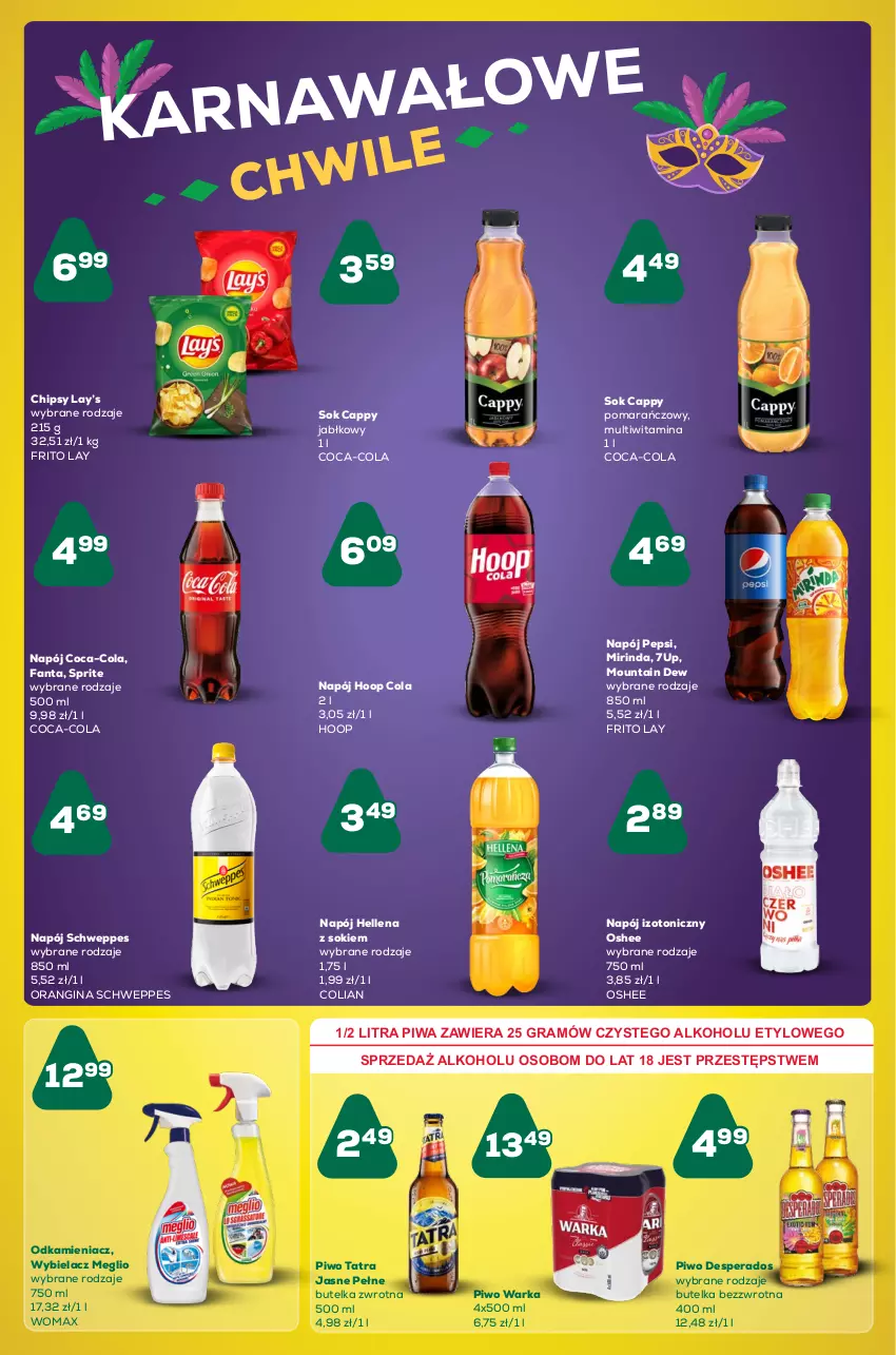 Gazetka promocyjna ABC - Gazetka - ważna 25.01 do 07.02.2023 - strona 4 - produkty: 7up, Cappy, Chipsy, Coca-Cola, Desperados, Fa, Fanta, Gin, Gra, Hellena, Hoop, Lay’s, Mirinda, Napój, Napój izotoniczny, Odkamieniacz, Oshee, Pepsi, Piwa, Piwo, Schweppes, Sok, Sprite, Tatra, Warka