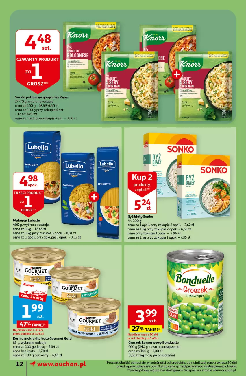 Gazetka promocyjna Auchan - Gazetka Oferty tygodnia! Supermarket Auchan - ważna 18.04 do 24.04.2024 - strona 12 - produkty: Bell, Bella, Bonduelle, Gourmet Gold, Groszek, Knorr, Lubella, Makaron, Ryż, Ryż biały, Ser, Sonko, Sos