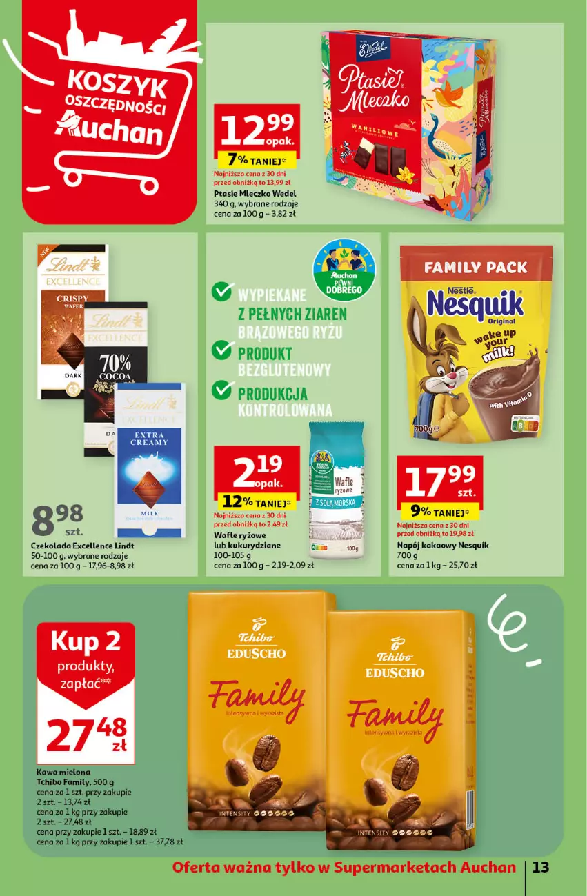 Gazetka promocyjna Auchan - Gazetka Oferty tygodnia! Supermarket Auchan - ważna 18.04 do 24.04.2024 - strona 13 - produkty: Czekolada, Fa, Kakao, Kawa, Kawa mielona, Lindt, Mleczko, Napój, Nesquik, Ptasie mleczko, Ryż, Tchibo, Tchibo Family, Wafle