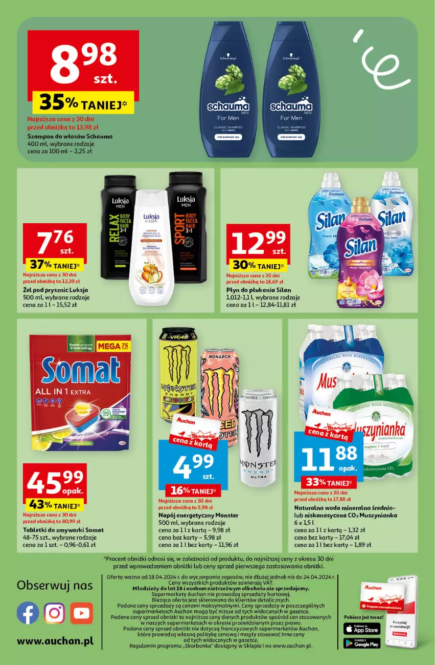 Gazetka promocyjna Auchan - Gazetka Oferty tygodnia! Supermarket Auchan - ważna 18.04 do 24.04.2024 - strona 14 - produkty: Gra, Luksja, Mus, Muszynianka, Napój, Napój energetyczny, Płyn do płukania, Schauma, Ser, Silan, Somat, Szampon, Tablet, Tabletki do zmywarki, Tera, Woda, Woda mineralna, Zmywarki