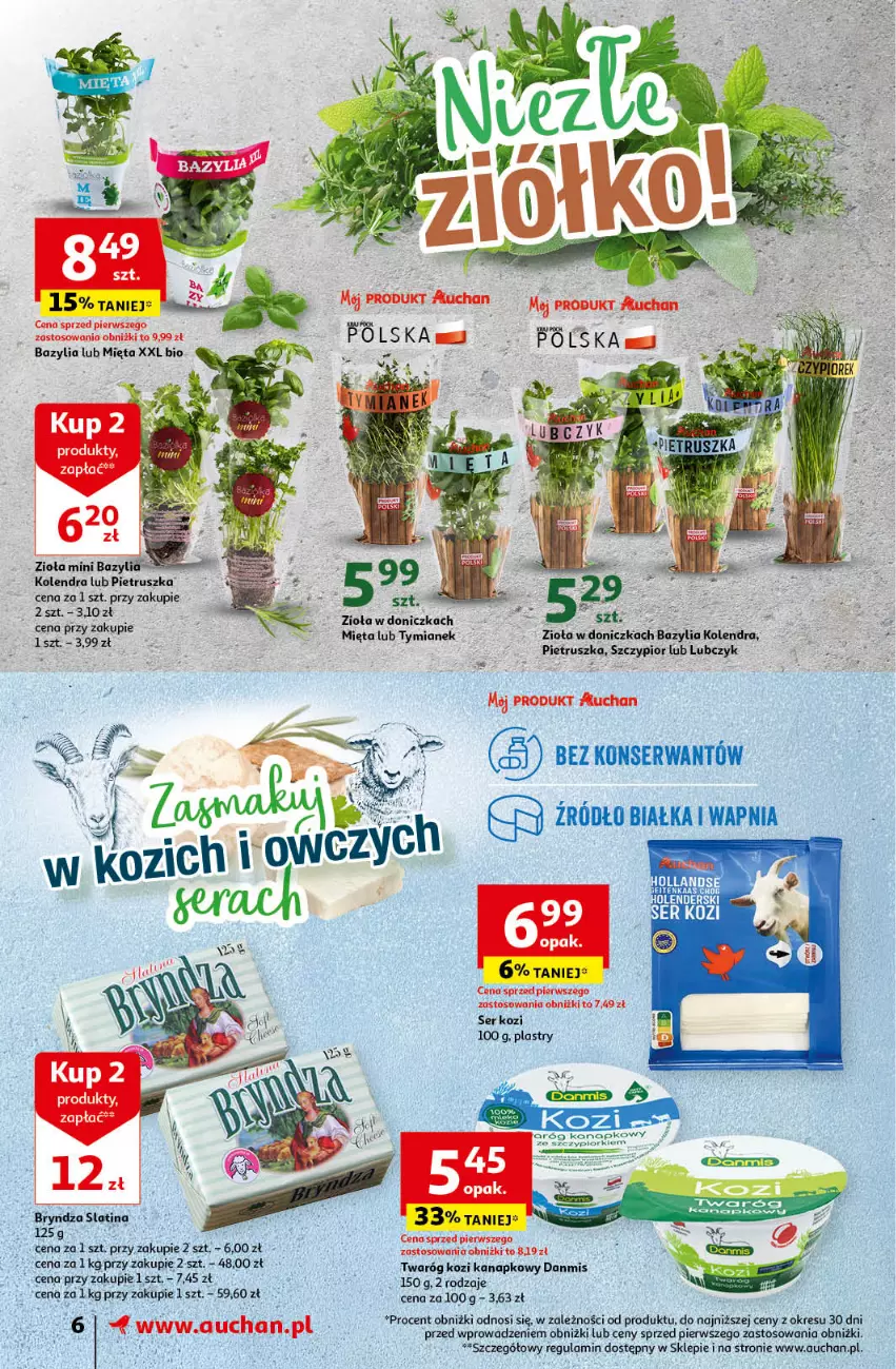 Gazetka promocyjna Auchan - Gazetka Oferty tygodnia! Supermarket Auchan - ważna 18.04 do 24.04.2024 - strona 6 - produkty: Bazyl, Bazylia, Bryndza, Kolendra, Mięta, Pietruszka, Ser, Ser kozi, Twaróg