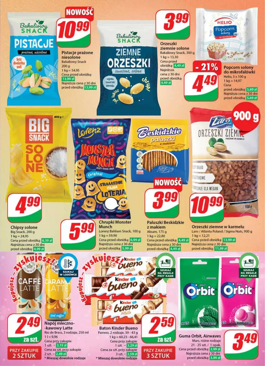 Gazetka promocyjna Dino - Gazetka 47 - ważna 21.11 do 28.11.2023 - strona 19 - produkty: Aksam, Baton, Beskidzki, Chipsy, Chrupki, Fa, Ferrero, Helio, Kinder, Kinder Bueno, LG, Lorenz, Mars, Miód, Napój, Orbit, Orzeszki, Orzeszki ziemne, Pistacje, Popcorn