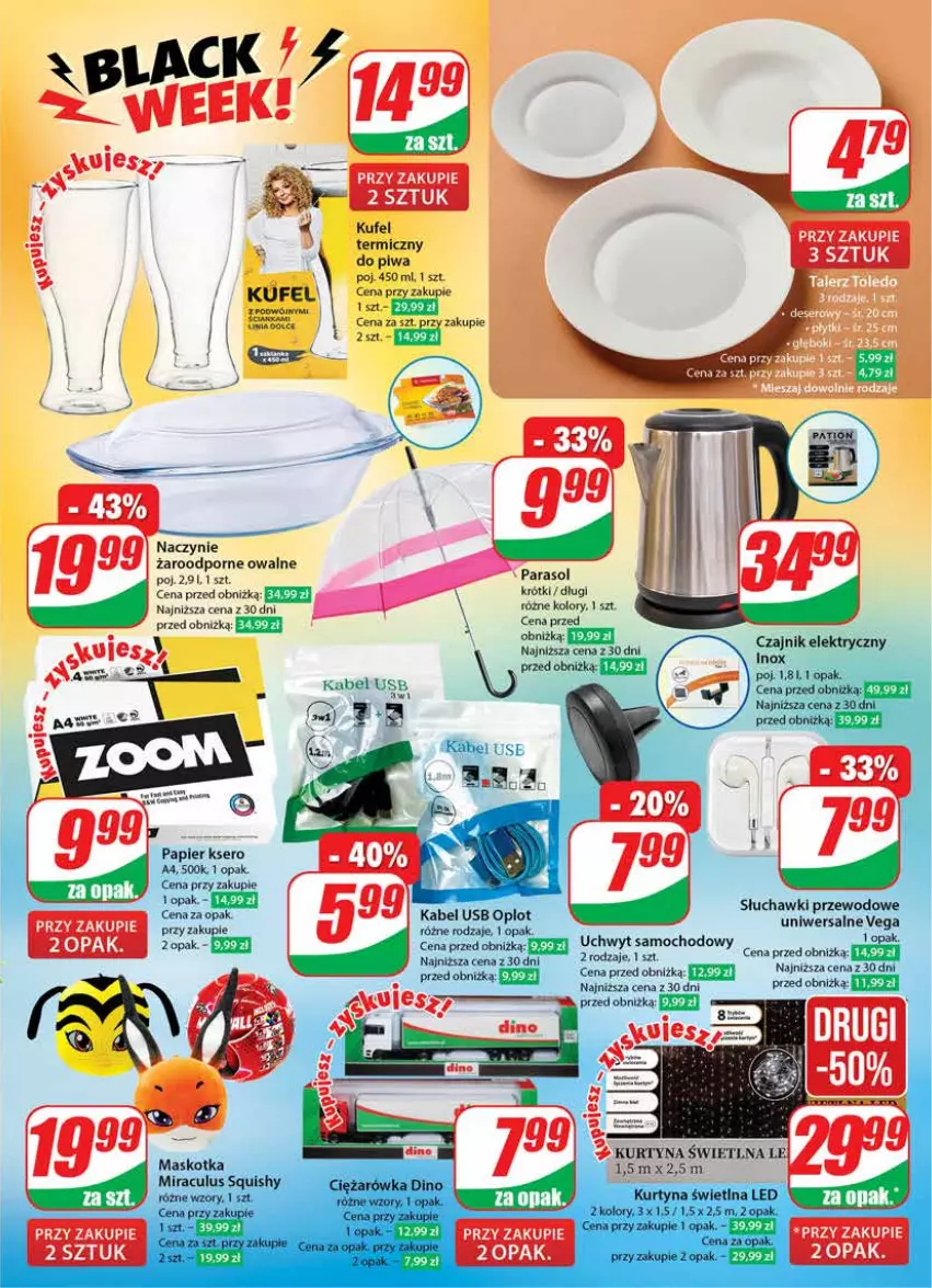 Gazetka promocyjna Dino - Gazetka 47 - ważna 21.11 do 28.11.2023 - strona 23 - produkty: Kabel USB, Naczynie żaroodporne, Papier, Parasol, Piwa, Por, Ser, Słuchawki