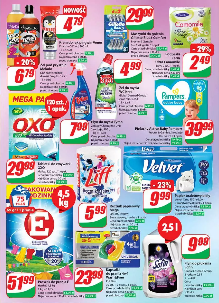 Gazetka promocyjna Dino - Gazetka 47 - ważna 21.11 do 28.11.2023 - strona 27 - produkty: Gillette, Gra, Krem do rąk, Kret, Pampers, Papier, Papier toaletowy, Pieluchy, Pingwin, Płyn do mycia, Płyn do płukania, Proszek do prania, Ręcznik, Tablet, Tabletki do zmywarki, Tytan, Velvet, Venus, Zmywarki