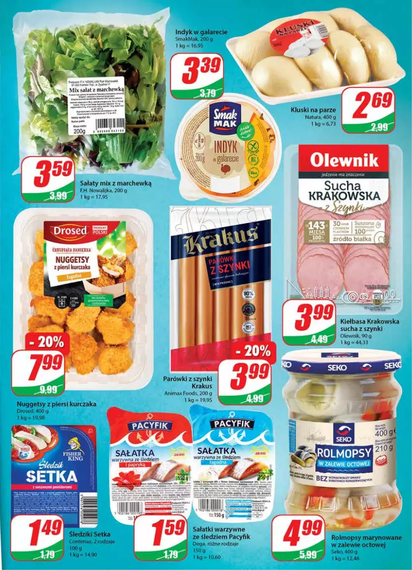 Gazetka promocyjna Dino - Gazetka - ważna 28.07 do 03.08.2021 - strona 13 - produkty: Dega, Gala, Kiełbasa, Kiełbasa krakowska, Kluski na parze, Krakus, Kurczak, Mop, Olewnik, Parówki, Parówki z szynki, Prima, Sałat, Sałatka, SEKO, Szyna