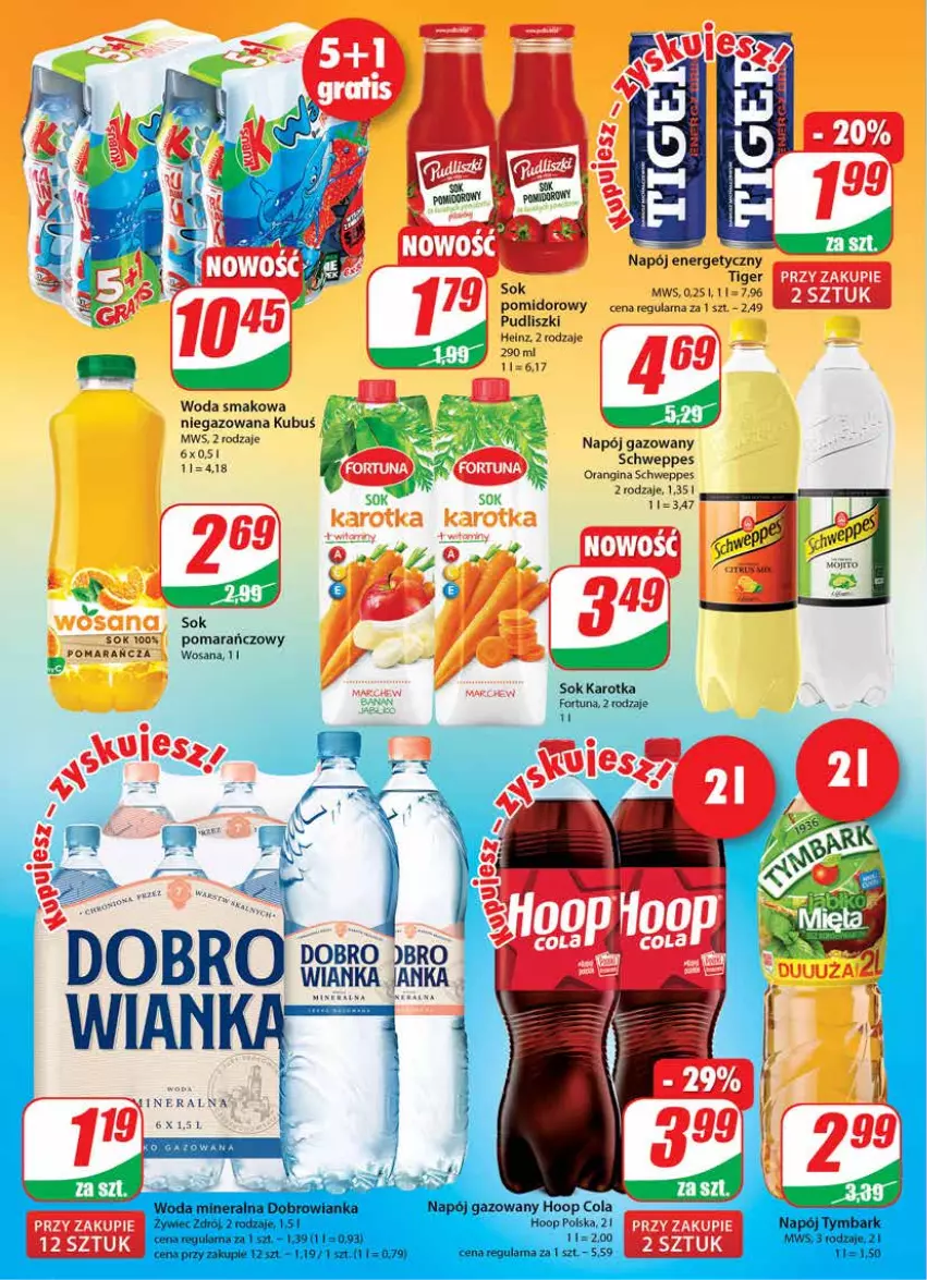 Gazetka promocyjna Dino - Gazetka - ważna 28.07 do 03.08.2021 - strona 2 - produkty: Dobrowianka, Fortuna, Gin, Heinz, Hoop, Kubuś, Napój, Napój energetyczny, Napój gazowany, Pudliszki, Schweppes, Sok, Tiger, Tymbark, Woda, Woda mineralna, Wosana