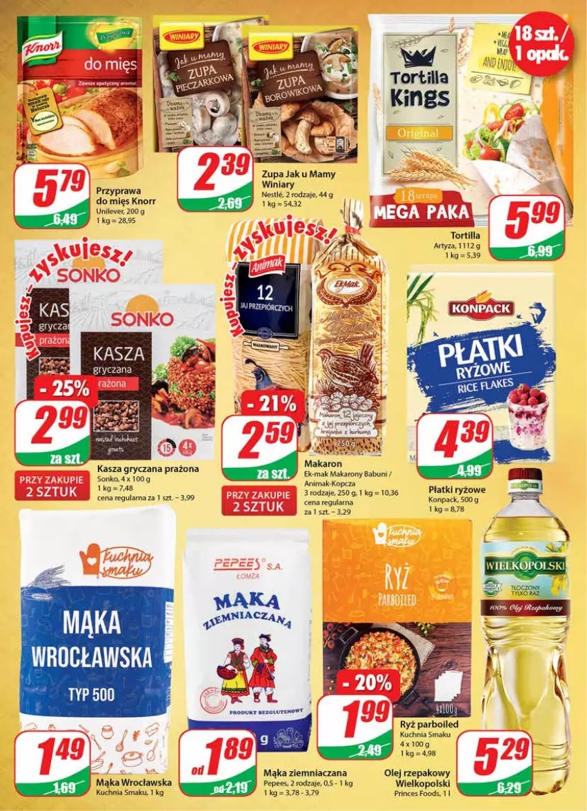 Gazetka promocyjna Dino - Gazetka - ważna 28.07 do 03.08.2021 - strona 6 - produkty: Babuni, EPEE, Gry, Kasza, Kasza gryczana, Knorr, Kuchnia, Mąka, Makaron, Olej, Olej rzepakowy, Płatki ryżowe, Ryż, Ryż parboiled, Sonko, Tortilla, Winiary, Zupa