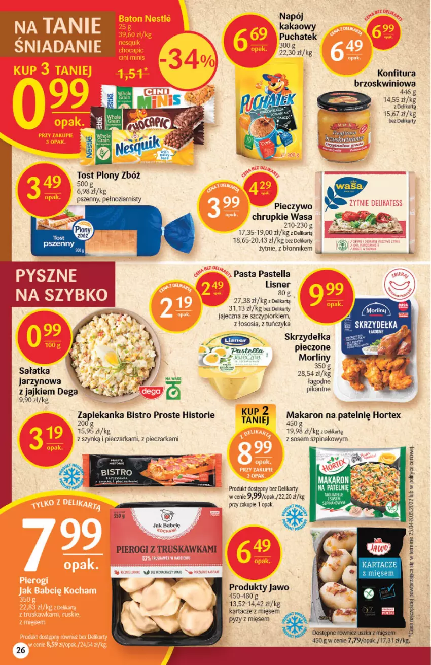 Gazetka promocyjna Delikatesy Centrum - Gazetka DC24 - ważna 23.06 do 29.06.2022 - strona 26 - produkty: Chrupki, Dega, Hortex, Kakao, Konfitura, Lisner, Morliny, Napój, Nike, Pastella, Piec, Pieczarka, Pieczywo, Pieczywo chrupkie, Pierogi, Sałat, Sałatka, Sos, Szpinak, Tera, Tuńczyk, Wagi, Wasa, Zapiekanka