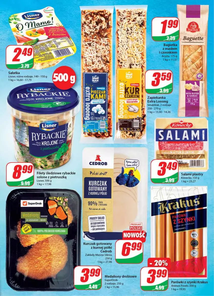 Gazetka promocyjna Dino - Gazetka - ważna 20.10 do 26.10.2021 - strona 15 - produkty: Bagietka, Feta, Krakus, Kurczak, Kurczak gotowany, Lion, Lisner, Mozzarella, Parówki, Parówki z szynki, Ryba, Salami, Ser, Zapiekanka