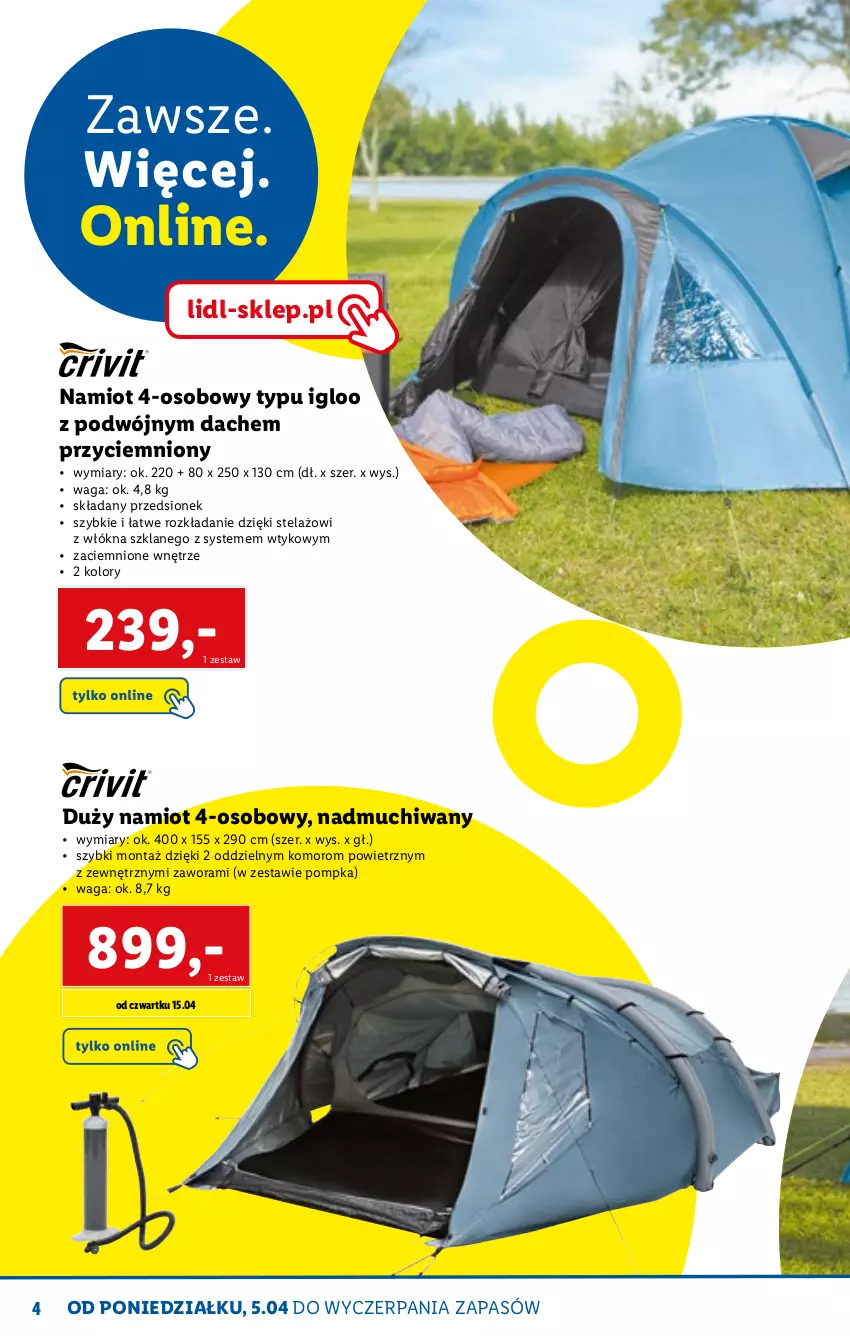 Gazetka promocyjna Lidl - KATALOG SKLEPU ONLINE - ważna 06.04 do 30.04.2021 - strona 4 - produkty: Namiot, Pompka, Waga