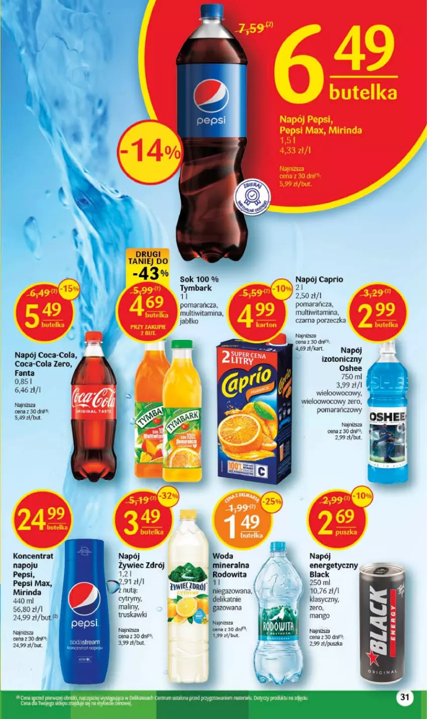 Gazetka promocyjna Delikatesy Centrum - Gazetka DC28 - ważna 20.07 do 26.07.2023 - strona 31 - produkty: Coca-Cola, Cytryny, Fa, Fanta, Lack, Maliny, Mango, Mirinda, Napój, Oshee, Pepsi, Pepsi max, Por, Sok, Truskawki, Tymbark, Woda