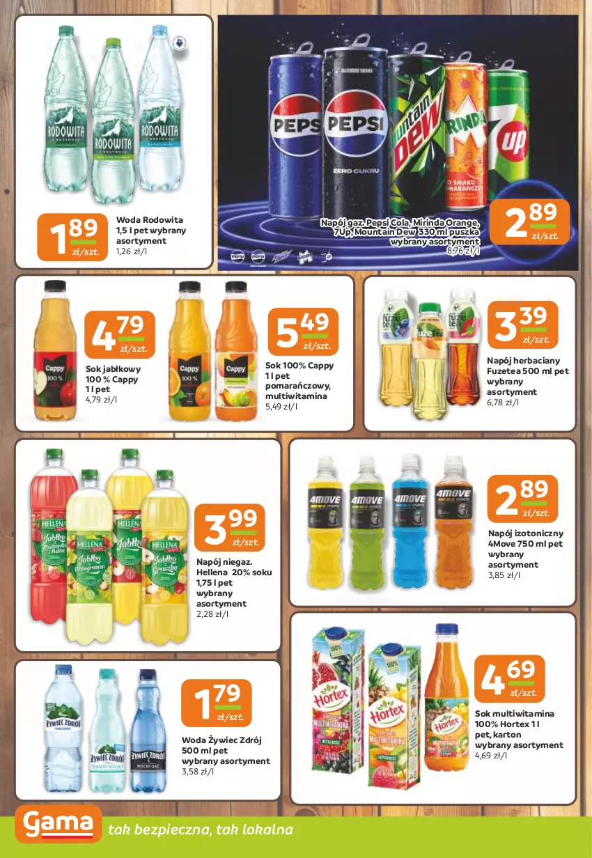 Gazetka promocyjna Gama - Gazetka Gama - ważna 19.09 do 01.10.2024 - strona 10 - produkty: 7up, Cappy, Hellena, Hortex, Mirinda, Napój, Napój izotoniczny, Pepsi, Piec, Sok, Sok jabłkowy, Woda