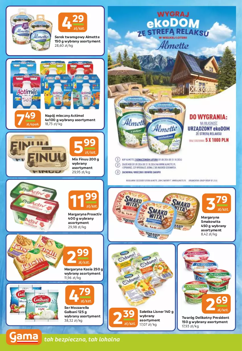 Gazetka promocyjna Gama - Gazetka Gama - ważna 19.09 do 01.10.2024 - strona 6 - produkty: Actimel, Almette, Finuu, Galbani, Kasia, Lisner, Margaryna, Mozzarella, Napój, Napój mleczny, Piec, Sałat, Sałatka, Ser, Serek, Serek twarogowy, Smakowita, Twaróg, Twaróg delikatny