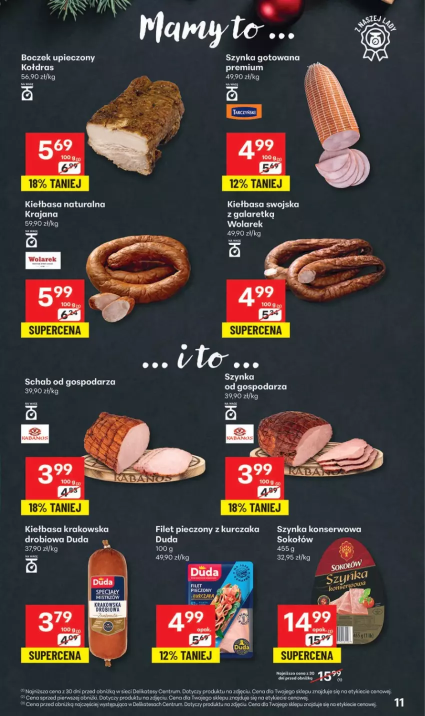 Gazetka promocyjna Delikatesy Centrum - Katalog Przepisy na Bliskie Święta Franczyza DC48-DC49-DC50 - ważna 27.11 do 17.12.2025 - strona 11 - produkty: Boczek, Duda, K2, Kiełbasa, Kiełbasa krakowska, Kołdra, Kurczak, Piec, Rum, Ser, Szynka, Szynka konserwowa