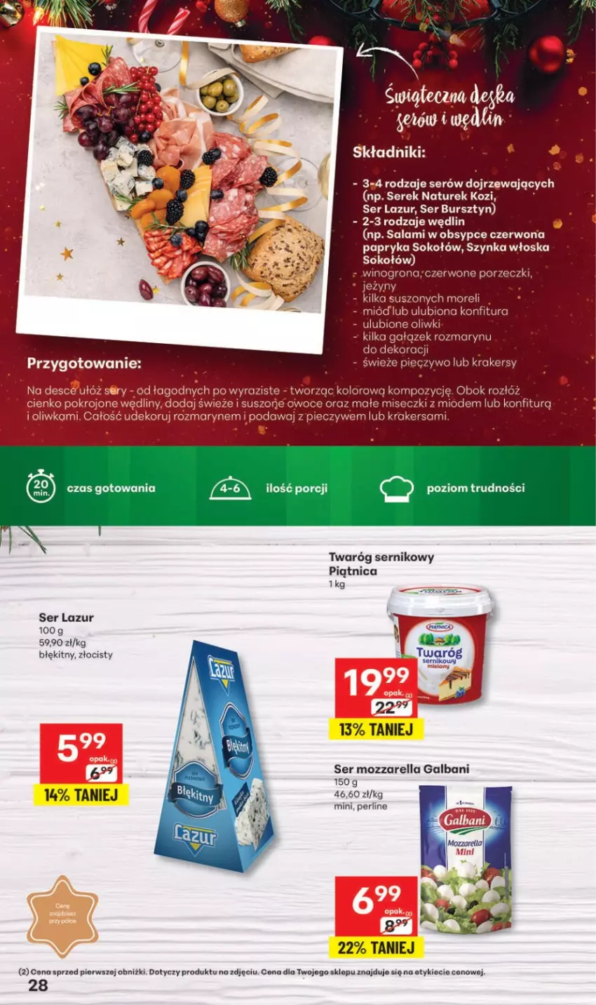 Gazetka promocyjna Delikatesy Centrum - Katalog Przepisy na Bliskie Święta Franczyza DC48-DC49-DC50 - ważna 27.11 do 17.12.2025 - strona 28 - produkty: Bursztyn, Galbani, Gry, Konfitura, Krakersy, Lazur, Miód, Mozzarella, NaTurek, Owoce, Papryka, Piątnica, Piec, Pieczywo, Por, Salami, Ser, Serek, Sok, Sokołów, Szynka, Twaróg, Wino, Winogrona