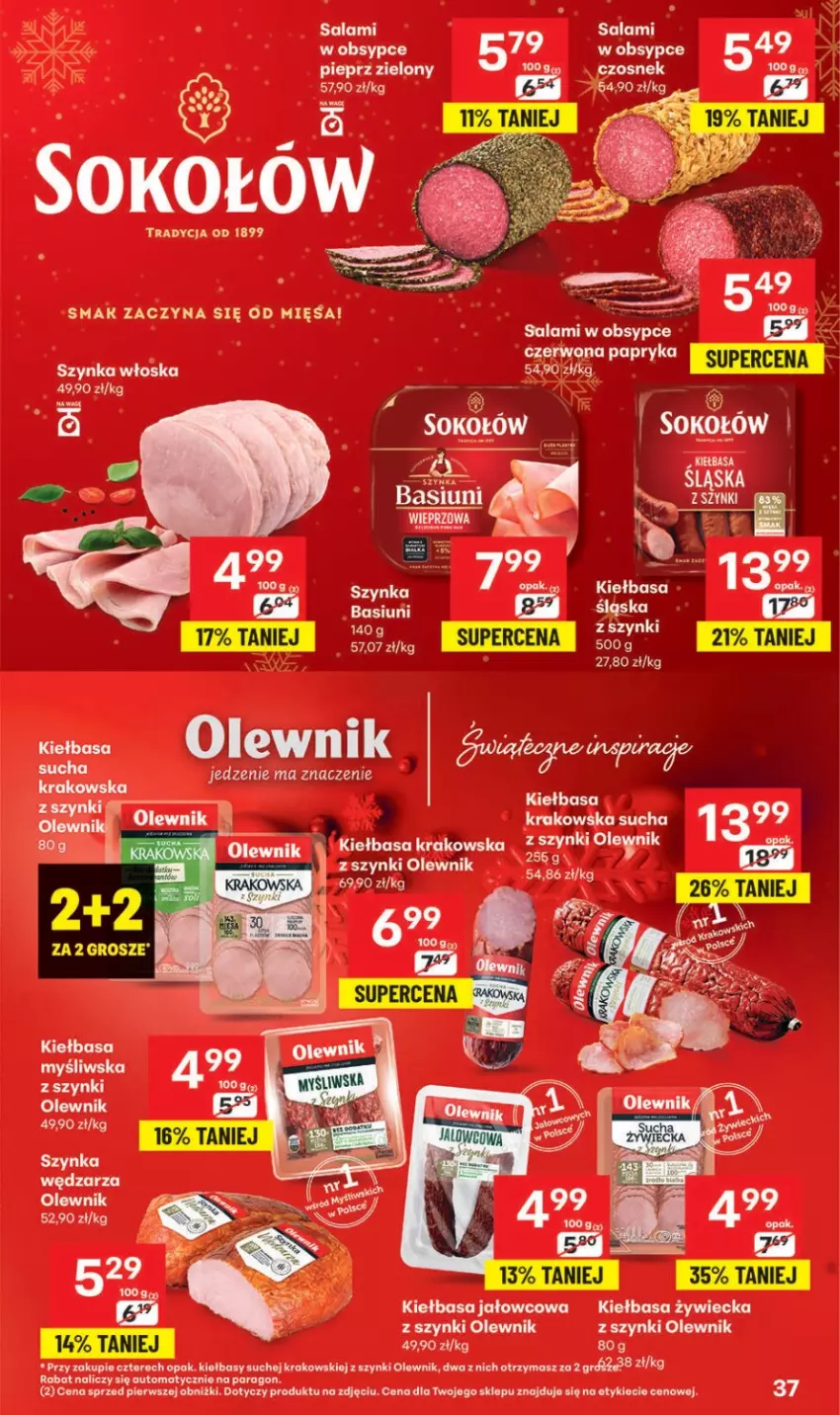 Gazetka promocyjna Delikatesy Centrum - Katalog Przepisy na Bliskie Święta Franczyza DC48-DC49-DC50 - ważna 27.11 do 17.12.2025 - strona 37 - produkty: Czosnek, Kiełbasa, Kiełbasa krakowska, Olewnik, Papryka, Pieprz, Por, Salami, Sok, Sokołów, Szynka