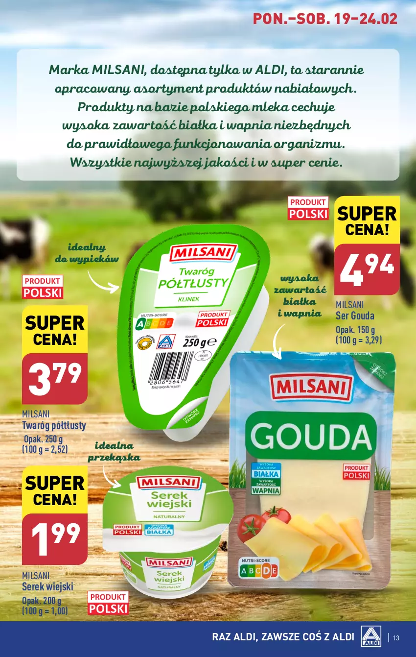 Gazetka promocyjna Aldi - Pełna oferta - ważna 19.02 do 24.02.2024 - strona 13 - produkty: Gouda, Ser, Serek, Serek wiejski, Sok, Twaróg, Twaróg półtłusty