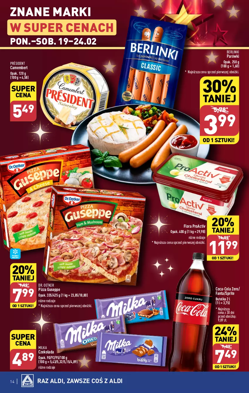 Gazetka promocyjna Aldi - Pełna oferta - ważna 19.02 do 24.02.2024 - strona 14 - produkty: Berlinki, Camembert, Coca-Cola, Czekolada, Dr. Oetker, Fa, Fanta, Flora, Milka, Parówki, Pizza, Président, Sprite