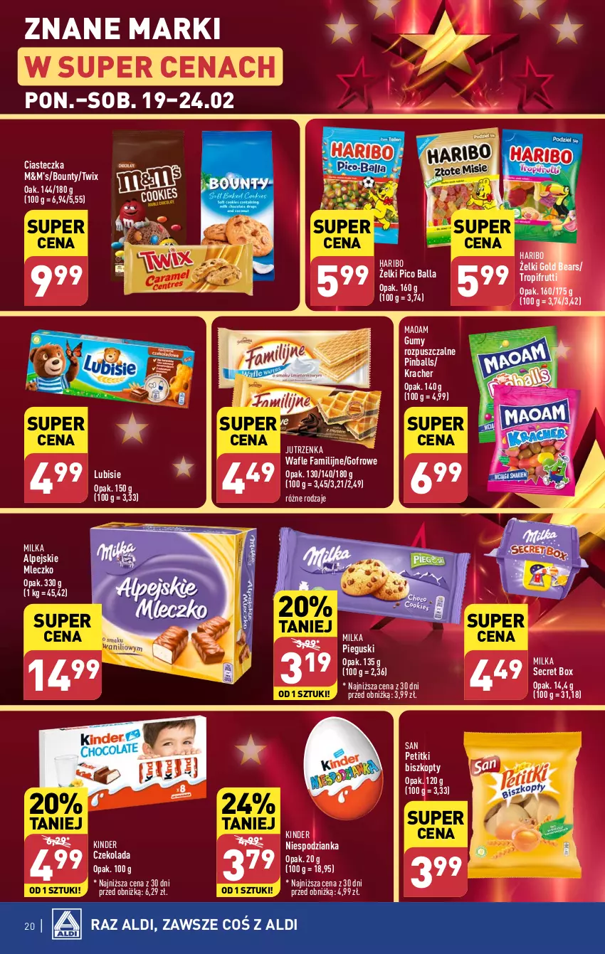 Gazetka promocyjna Aldi - Pełna oferta - ważna 19.02 do 24.02.2024 - strona 20 - produkty: Biszkopty, Bounty, Czekolada, Fa, Haribo, Jutrzenka, Kinder, Lubisie, Milka, Mleczko, NBA, Twix, Wafle