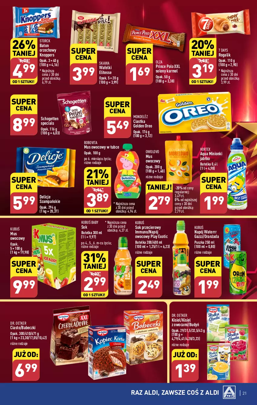 Gazetka promocyjna Aldi - Pełna oferta - ważna 19.02 do 24.02.2024 - strona 21 - produkty: 7 Days, Babeczki, Baton, BoboVita, Budyń, Ciastka, Delicje, Dr. Oetker, Hortex, Kawa, Kisiel, Knoppers, Kubuś, Mus, Napój, Oranżada, Oreo, Prince Polo, Rogal, Schogetten, Sok, Sok przecierowy