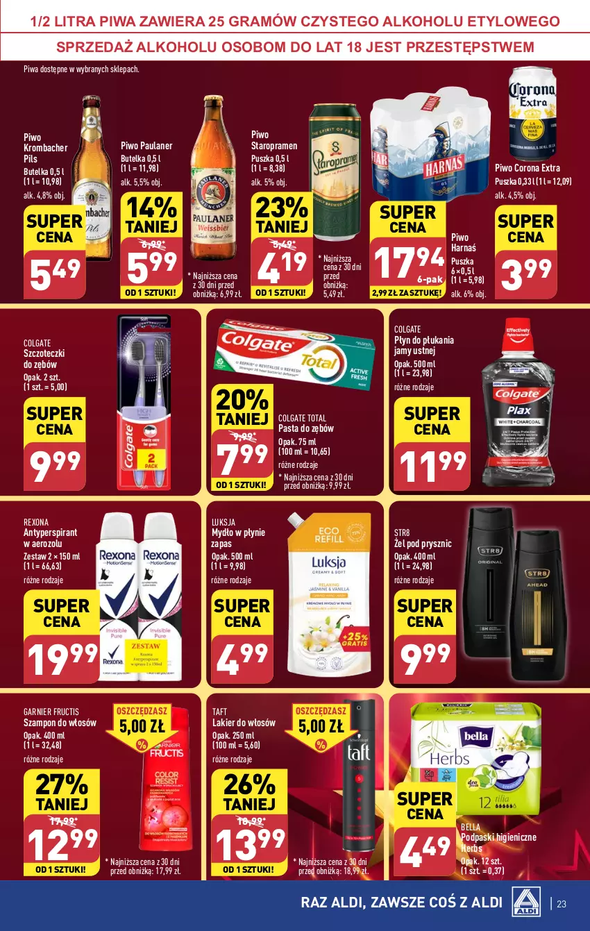 Gazetka promocyjna Aldi - Pełna oferta - ważna 19.02 do 24.02.2024 - strona 23 - produkty: Antyperspirant, Bell, Bella, Colgate, Colgate Total, Corona Extra, Fructis, Garnier, Gra, Harnaś, Lakier, Lakier do włosów, LG, Luksja, Mydło, Mydło w płynie, Pasta do zębów, Piwa, Piwo, Płyn do płukania, Płyn do płukania jamy ustnej, Podpaski, Rexona, Str8, Szampon, Taft