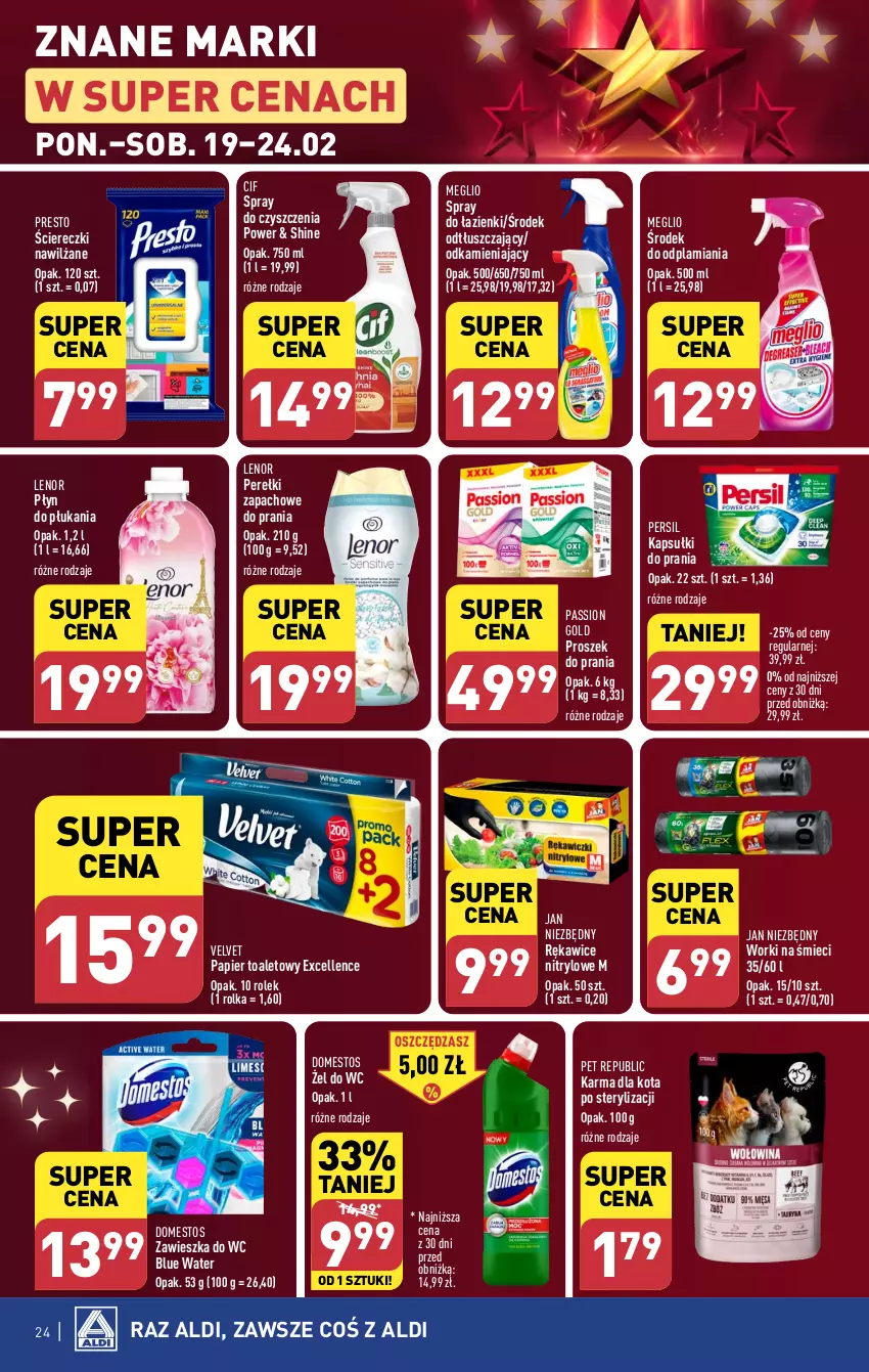 Gazetka promocyjna Aldi - Pełna oferta - ważna 19.02 do 24.02.2024 - strona 24 - produkty: Cif, Domestos, Jan Niezbędny, Kapsułki do prania, Lenor, Papier, Papier toaletowy, Perełki zapachowe, Persil, Płyn do płukania, Presto, Proszek do prania, Rękawice, Spray do czyszczenia, Velvet, Worki na śmiec, Worki na śmieci, Zawieszka do wc