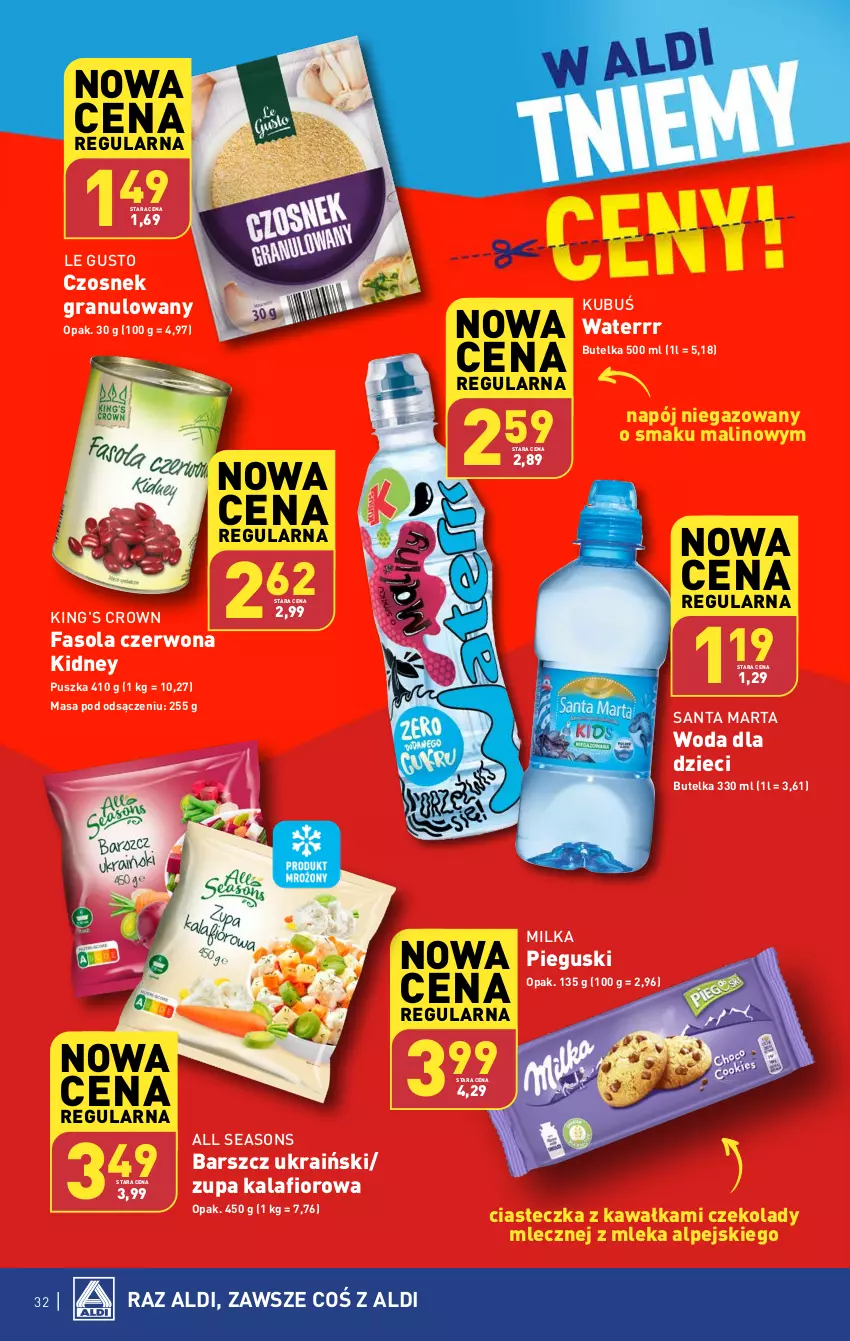 Gazetka promocyjna Aldi - Pełna oferta - ważna 19.02 do 24.02.2024 - strona 32 - produkty: All Seasons, Czosnek, Czosnek granulowany, Dzieci, Fa, Fasola, Gra, Kalafior, Kawa, Kubuś, Kubuś Waterrr, Milka, Napój, Napój niegazowany, Woda, Zupa, Zupa kalafiorowa