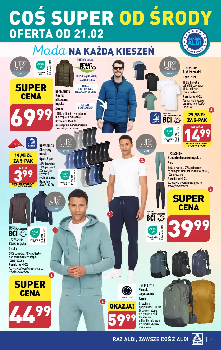 Gazetka promocyjna Aldi - Pełna oferta - ważna 19.02 do 24.02.2024 - strona 35 - produkty: Bluza, Dres, Fa, Karp, Kurtka, Moda, Plecak, Pokrowiec, Por, Spodnie, Spodnie dresowe, T-shirt, Wełna