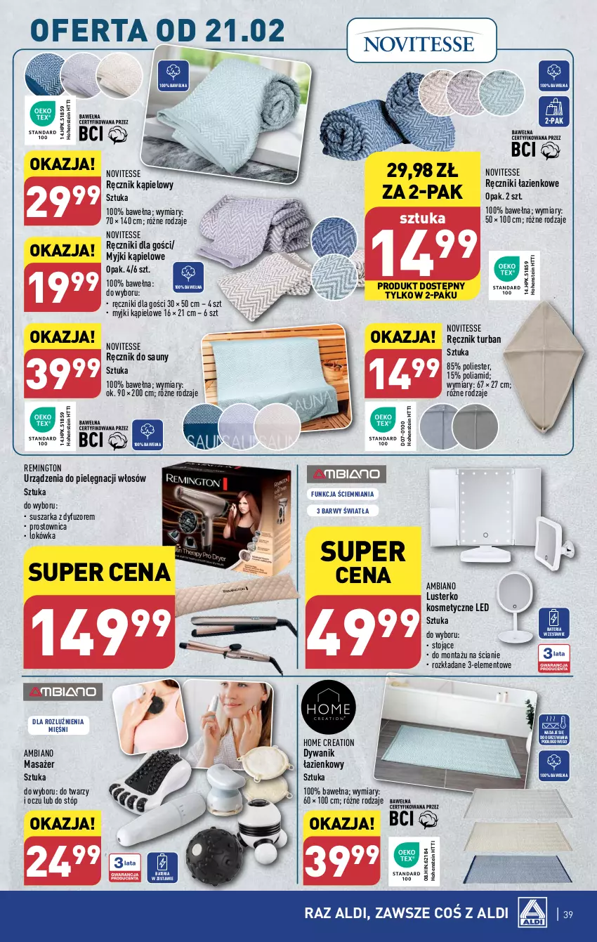 Gazetka promocyjna Aldi - Pełna oferta - ważna 19.02 do 24.02.2024 - strona 39 - produkty: Bateria, Dywan, Dywanik, Dywanik łazienkowy, HP, Lokówka, Lusterko kosmetyczne, Masażer, Ręcznik, Ręcznik kąpielowy, Remington, Suszarka, Wełna