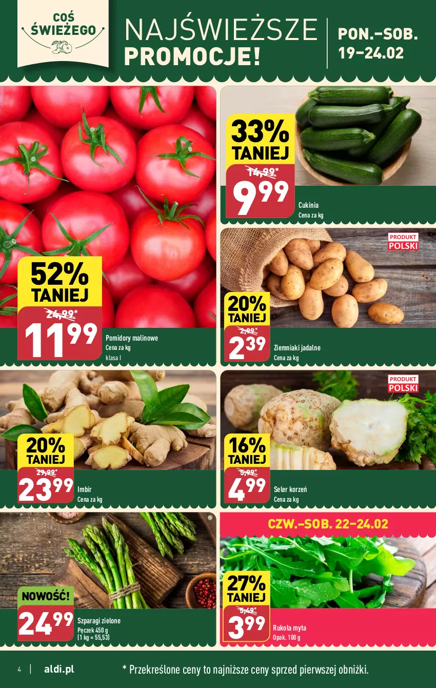 Gazetka promocyjna Aldi - Pełna oferta - ważna 19.02 do 24.02.2024 - strona 4 - produkty: Imbir, Pomidory, Rukola, Seler korzeń, Ziemniaki