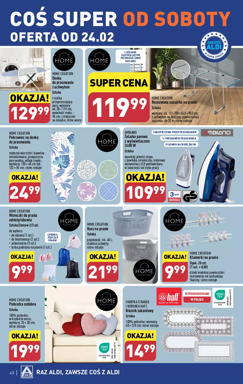 Gazetka promocyjna Aldi - Pełna oferta - ważna 19.02 do 24.02.2024 - strona 40 - produkty: Bieżnik, Biustonosz, Deska do prasowania, Fa, Gra, Kosz, Piec, Poduszka, Pojemnik, Pokrowiec, Pokrowiec na deskę, Ser, Sok, Suszarka, Suszarka na pranie, Suszarki, Top, Torba, Uchwyty, Wełna