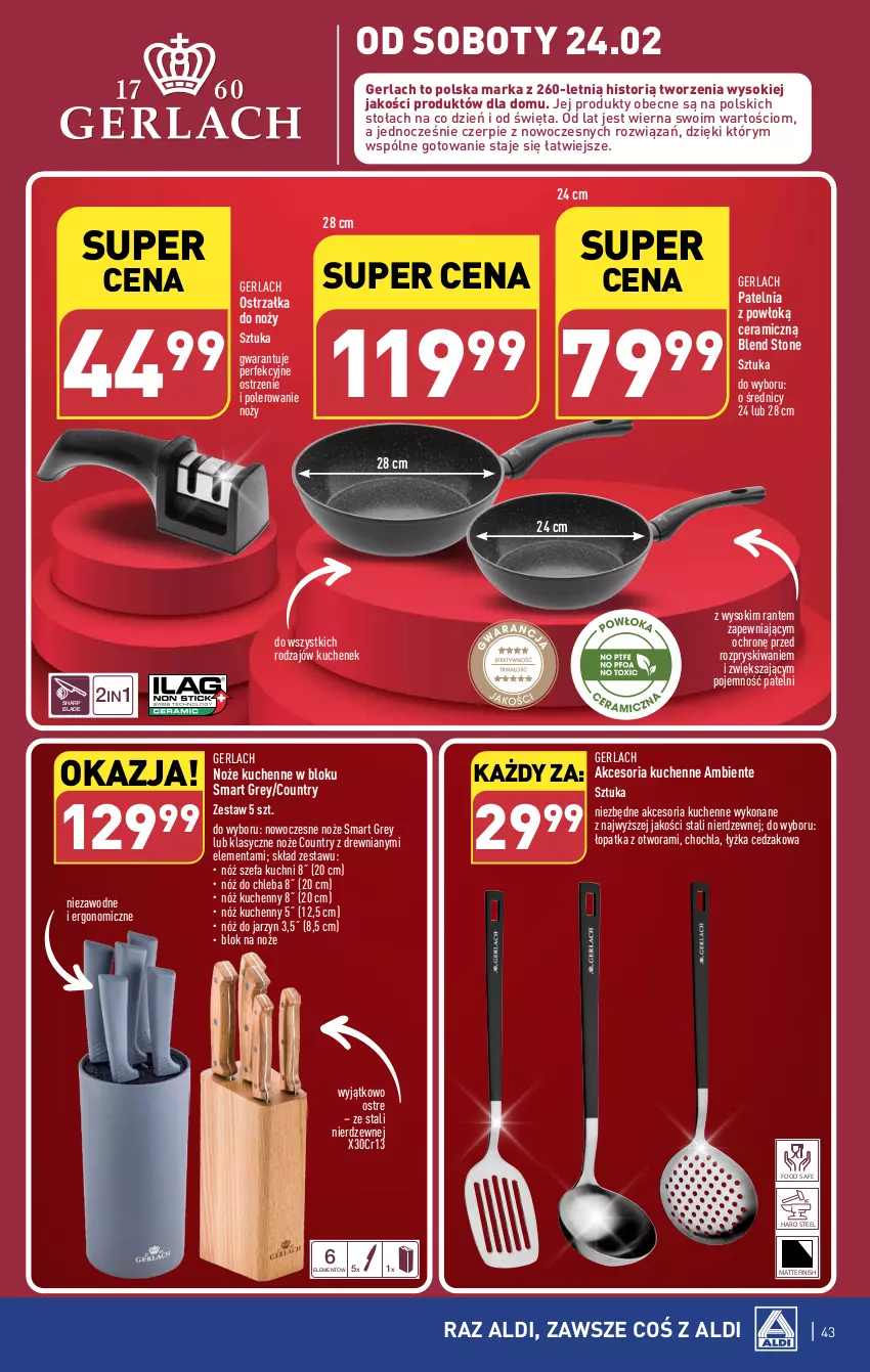 Gazetka promocyjna Aldi - Pełna oferta - ważna 19.02 do 24.02.2024 - strona 43 - produkty: Blok na noże, Cedzak, Chleb, Fa, Finish, Noż, Nóż do chleba, Nóż szefa kuchni, Ostrzałka do noży, Patelnia, Sharp, Sok