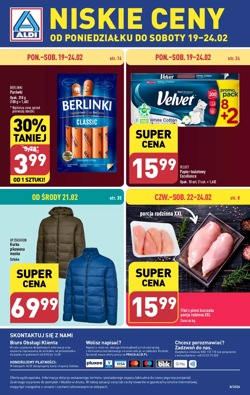 Gazetka promocyjna Aldi - Pełna oferta - ważna 19.02 do 24.02.2024 - strona 44 - produkty: Berlinki, Biuro, Fa, Filet z piersi kurczaka, Kurczak, O nas, Papier, Papier toaletowy, Parówki, Por, Velvet