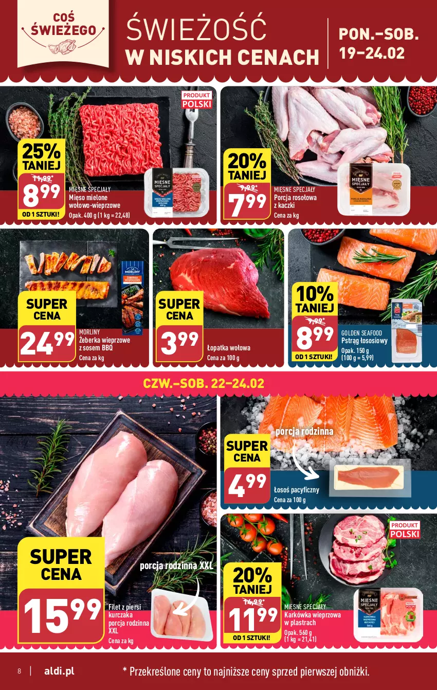 Gazetka promocyjna Aldi - Pełna oferta - ważna 19.02 do 24.02.2024 - strona 8 - produkty: Filet z piersi kurczaka, Golden Seafood, Karkówka wieprzowa, Kurczak, Mięsne specjały, Mięso, Mięso mielone, Morliny, Por, Pstrąg, Pstrąg łososiowy, Sos