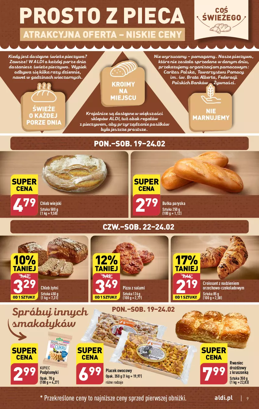 Gazetka promocyjna Aldi - Pełna oferta - ważna 19.02 do 24.02.2024 - strona 9 - produkty: Bułka, Chleb, Croissant, Kupiec, Piec, Pieczywo, Pizza, Por, Regał, Salami