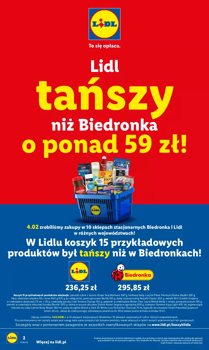 Gazetka promocyjna Lidl - GAZETKA - ważna 23.02 do 28.02.2026 - strona 2 - produkty: Air Wick, Barilla, Blend-a-Med, Body, Bonitki, Deser, Dorsz, Dron, Finish, Gala, Galaretki, Garnier, Goplana, Gra, Grześki, Kosz, LANA, Laur, Lindt, Lisner, Mini Grześki, Mleczko, Mleczko do ciała, Nescafé, Paluszki rybne, Pantene, Pesto, Piernik, Pierniki w czekoladzie, PIKOK, Por, Rama, Ser, Szampon, Zmywarki
