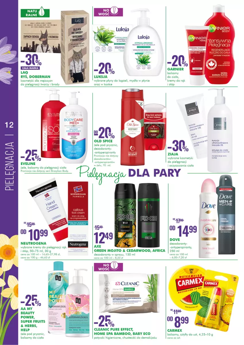 Gazetka promocyjna Super Pharm - Gazetka - ważna 07.04 do 20.04.2022 - strona 12 - produkty: Antyperspirant, Body, Chusteczki, Cleanic, Dezodorant, Dove, Emulsja, Eveline, Fa, Garnier, Groch, Luksja, Makijaż, Neutrogena, Old Spice, Pur, Ser, Ziaja