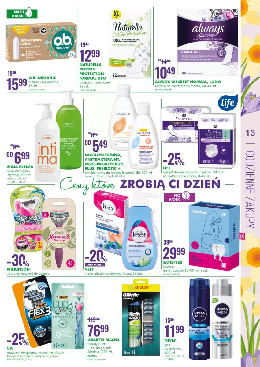 Gazetka promocyjna Super Pharm - Gazetka - ważna 07.04 do 20.04.2022 - strona 13 - produkty: Always, BIC, Bielizna, Discreet, Gillette, Lactacyd, Lion, Mach3, Naturell, Naturella, Nivea, O.B., Podpaski, Sati, Tampony, Wkładki, Ziaja