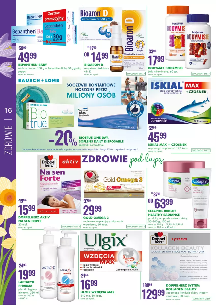 Gazetka promocyjna Super Pharm - Gazetka - ważna 07.04 do 20.04.2022 - strona 16 - produkty: Bepanthen, Bioaron, Body, Bodymax, Cetaphil, Cynk, Czosnek, Doppelherz, Fa, Gra, Iskial, Kolagen, Lactacyd, LG, Lion, Olej, Płyta, Por, Ser, Soczewki kontaktowe, Suplement diety, Zdrowie