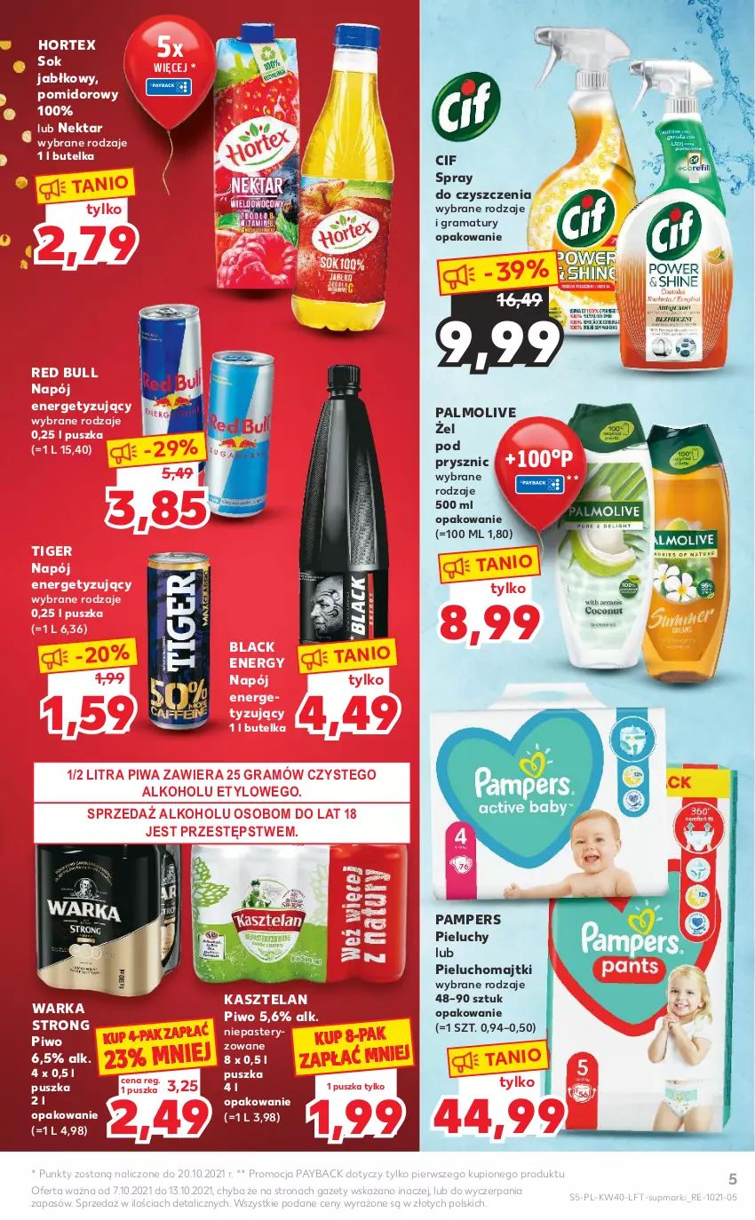 Gazetka promocyjna Kaufland - OFERTA TYGODNIA - ważna 07.10 do 13.10.2021 - strona 5 - produkty: Cif, Gra, Hortex, Kasztelan, Lack, Majtki, Napój, Nektar, Palmolive, Pampers, Pieluchomajtki, Pieluchy, Piwa, Piwo, Rama, Red Bull, Sok, Sok jabłkowy, Spray do czyszczenia, Tiger, Warka